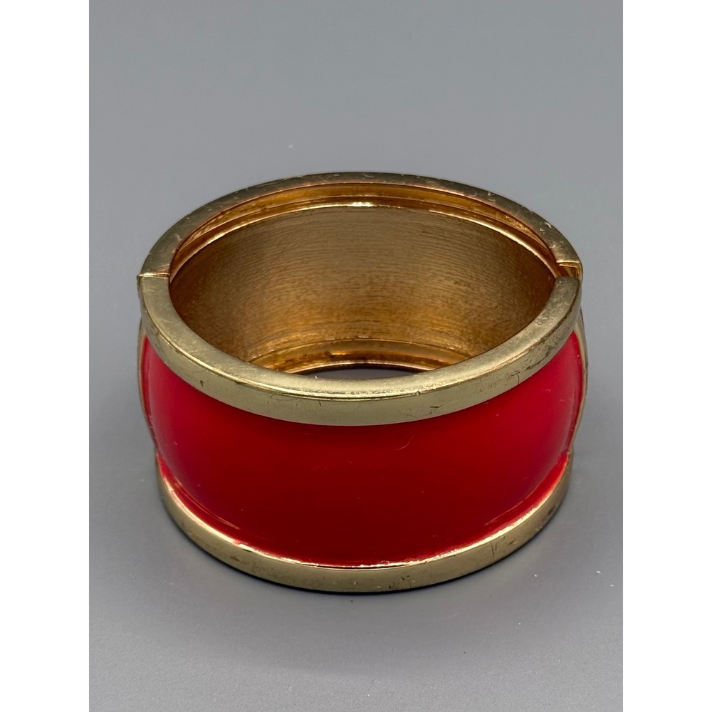 Vintage Red Enamel Gold Tone‎ Wide Hinge Bangle Cuff Bracelet Retro Jewelry